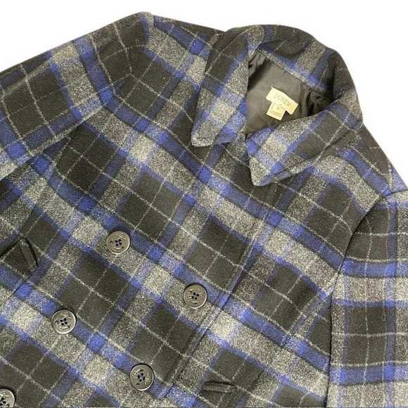 J.Crew Plaid Wool Blend Double Breasted Pea Coat Jacket Blue Gray Size 6 - Picture 2 of 16